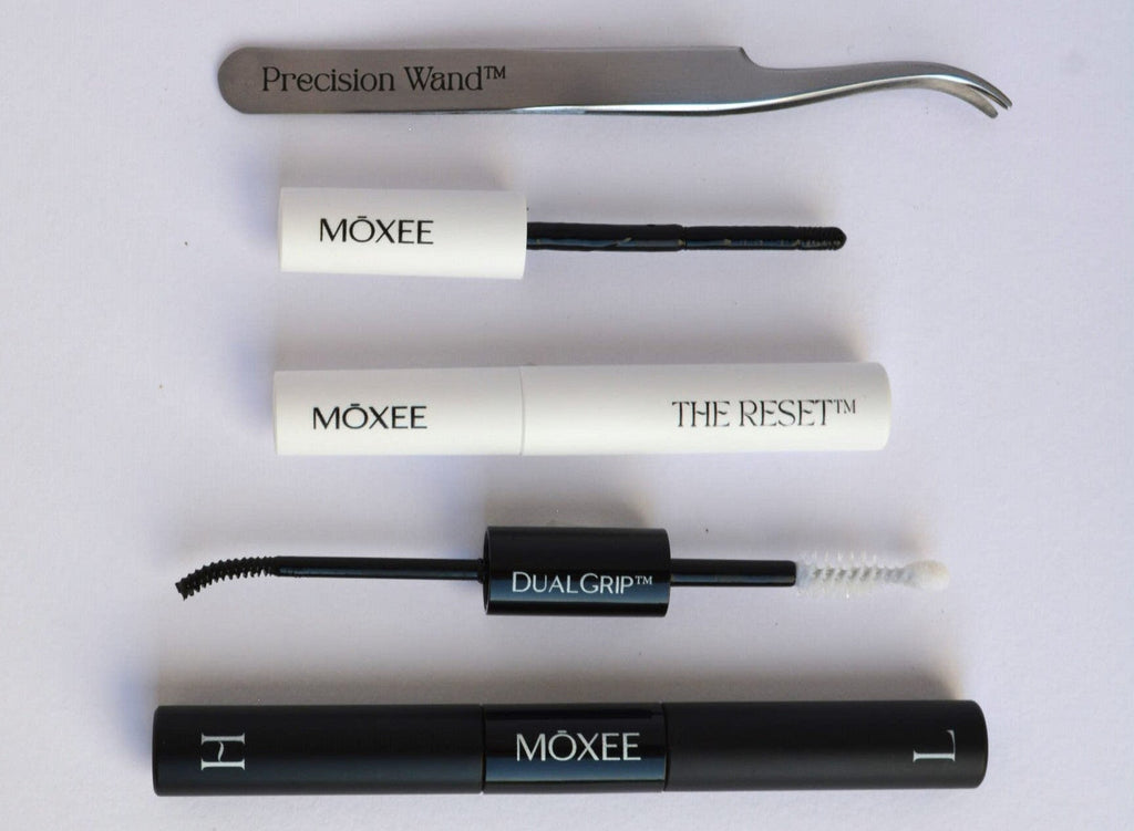 MOXEE kit tools: lash dual grip glue & seal (HOLD & LOCK), oil based remover, applicator tweezer