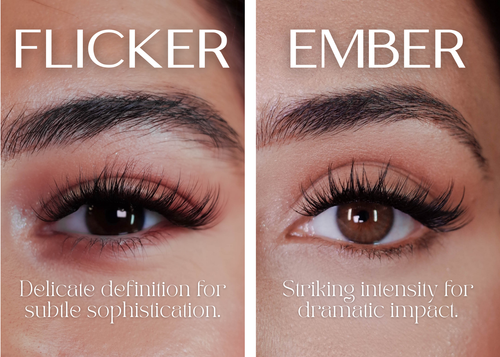 Comparison of 'Flicker' and 'Ember' MOXEE kit's lash styles (soft and bold lash look)
