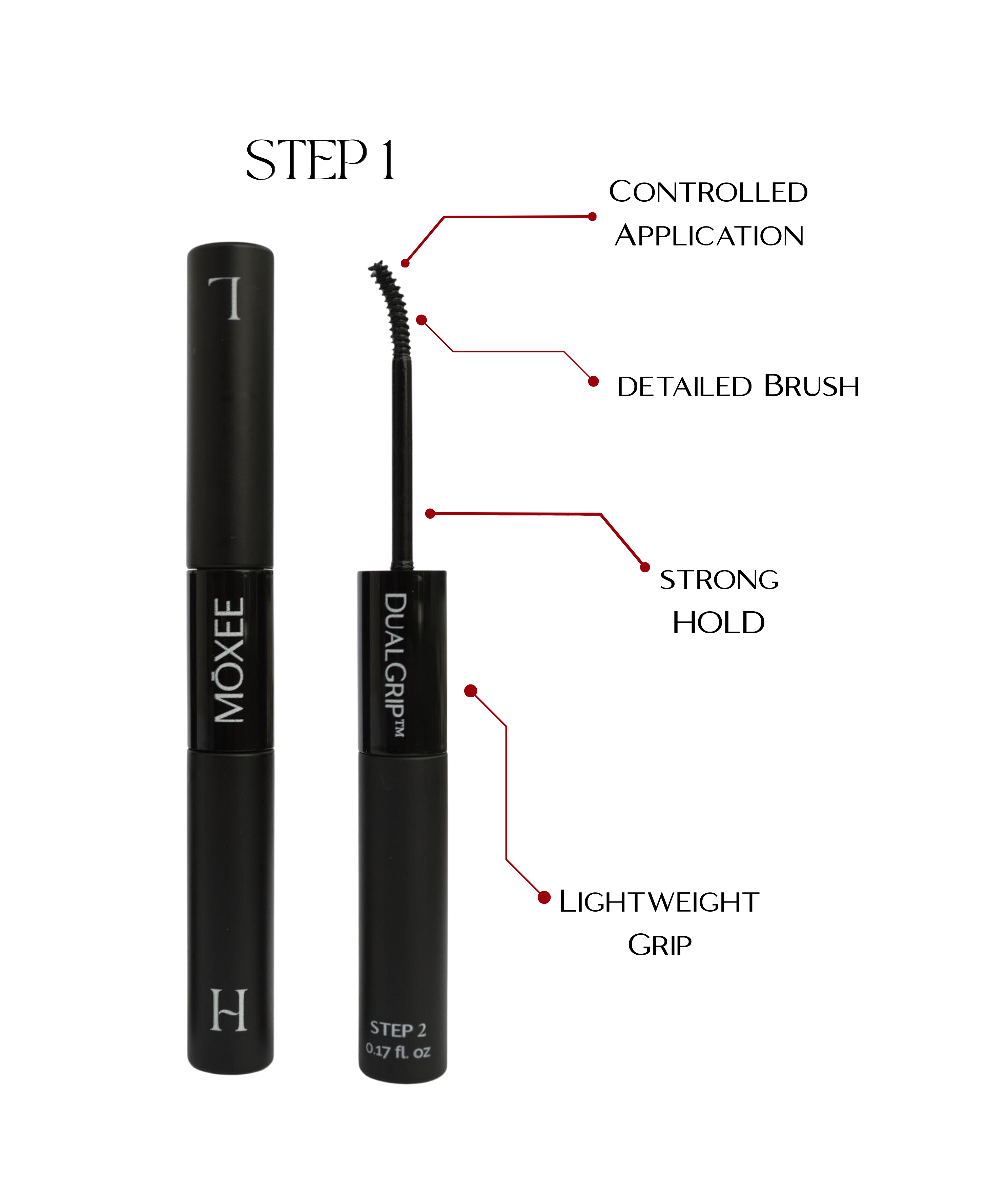 MOXEE DUAL GRIP step 1 (HOLD) bond detailed explanation, detailed brush for precise application, strong hold, lightweight feel