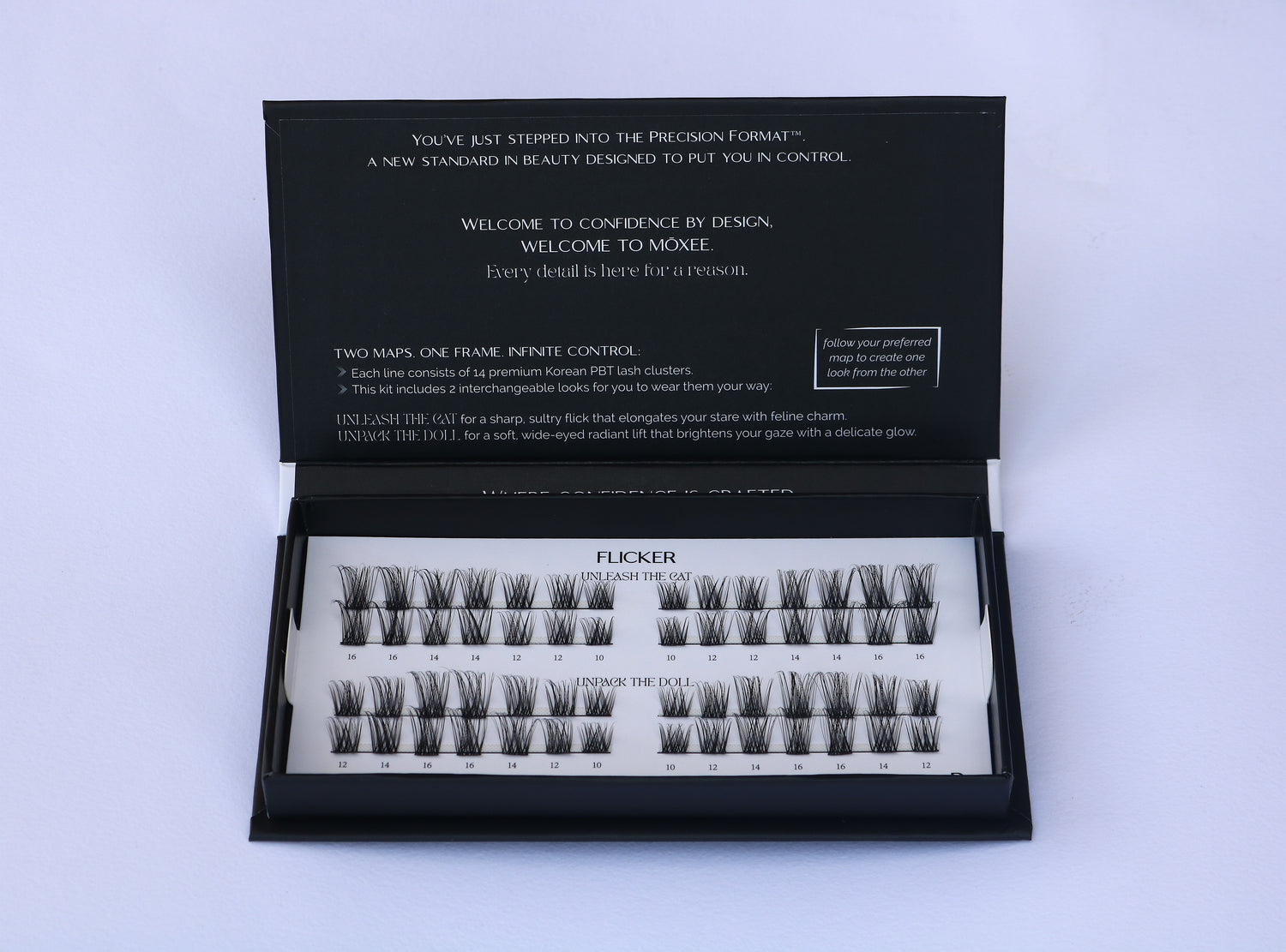 MOXEE DIY lash box - 4 reusable pre-mapped lash clusters in black box - 7-10 days wear
